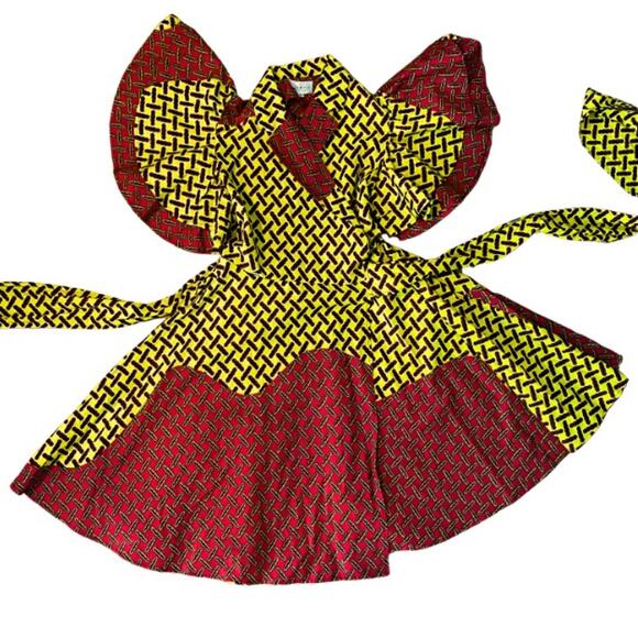 Yellow Black & Red Geometric Ankara Print 100% Cotton Layered Wrap Dress (S) - Picture 3 of 12
